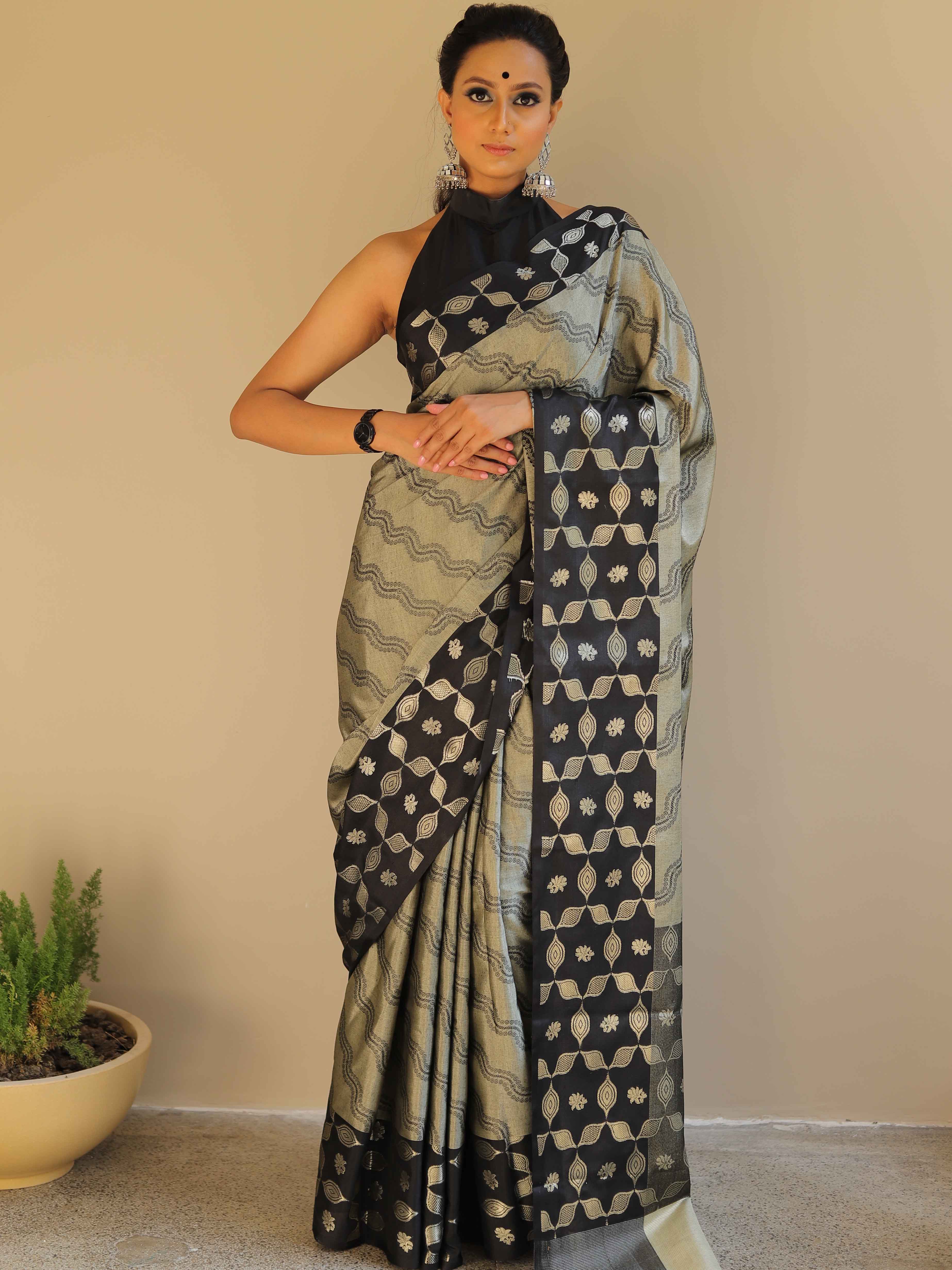 Banarasee Handloom Linen Silk Mix Saree-Grey & Black
