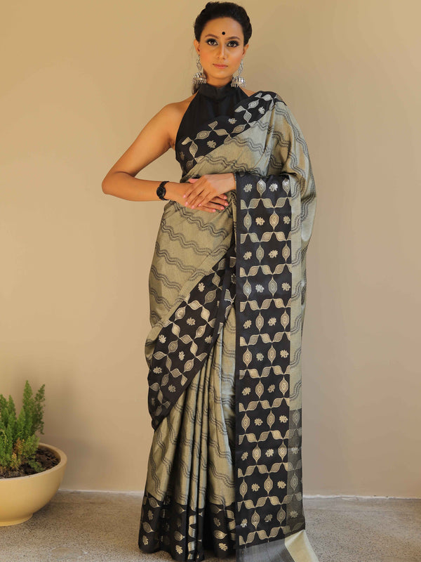 Banarasee Handloom Linen Silk Mix Saree-Grey & Black