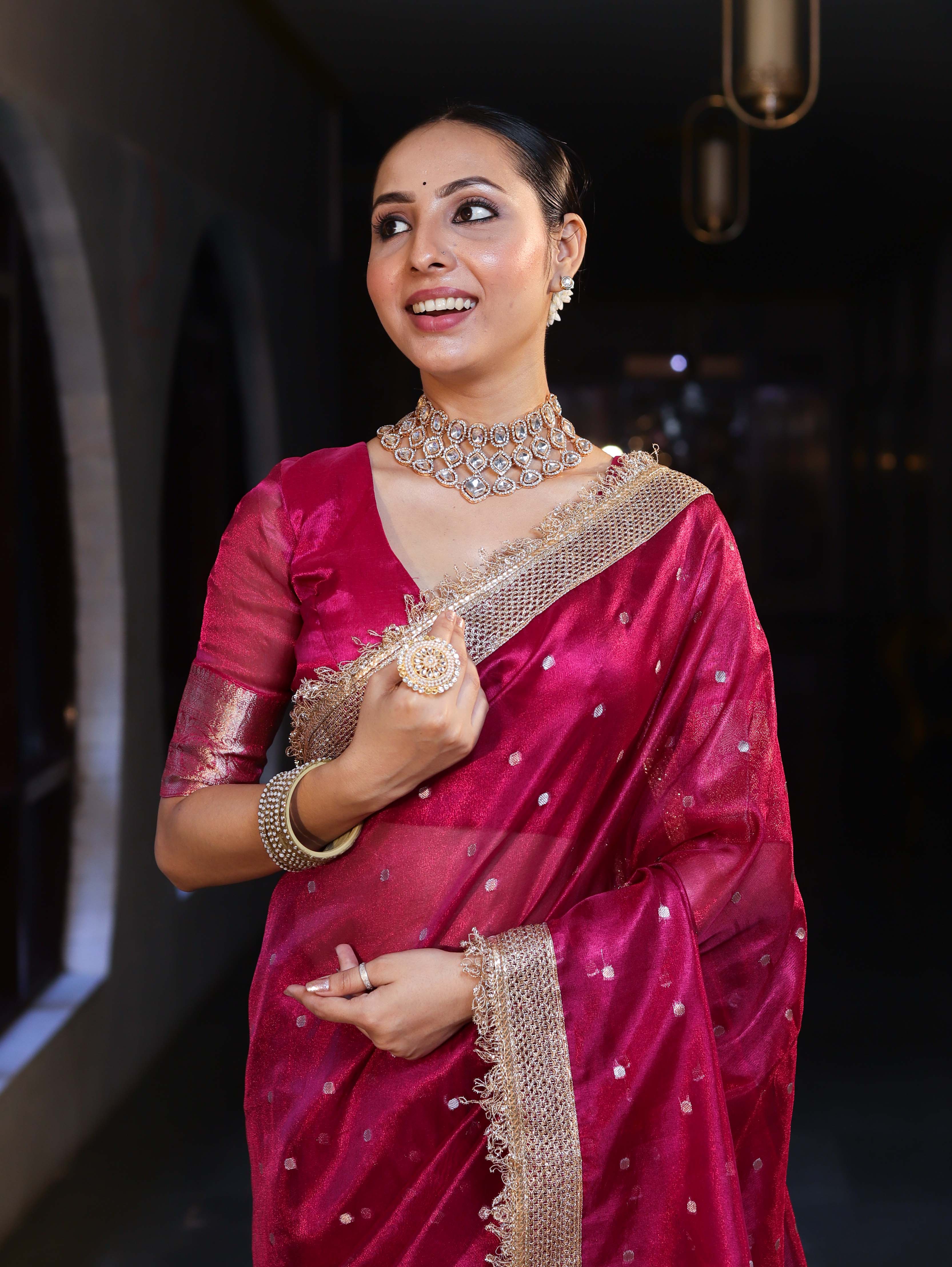 Banarasee Handwoven Tissue Saree With Zari Buti Design & Lace-Magenta
