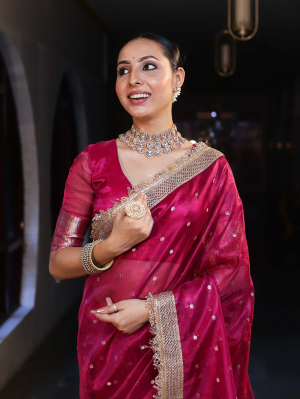 Banarasee Handwoven Tissue Saree With Zari Buti Design & Lace-Magenta