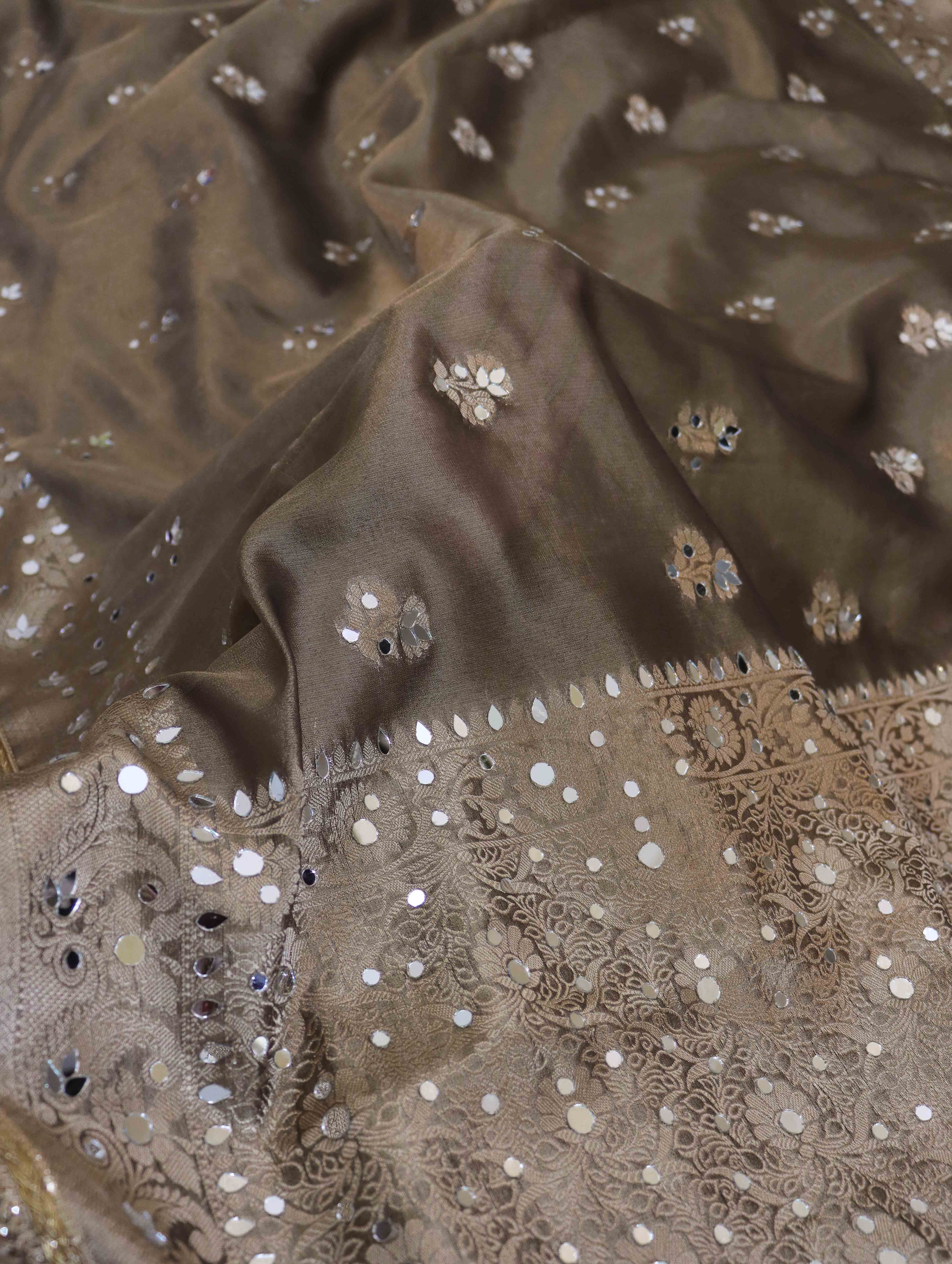 Banarasee Handwoven Tissue Zari Woven Mirror Work Saree-Earthy Brown