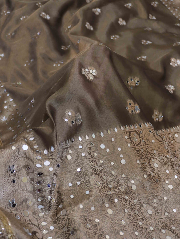 Banarasee Handwoven Tissue Zari Woven Mirror Work Saree-Earthy Brown