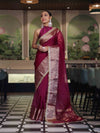 Banarasee Handwoven Plain Tissue Saree With Broad Zari Border & Lace-Dark Magenta
