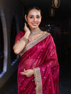 Banarasee Handwoven Tissue Saree With Zari Buti Design & Lace-Magenta