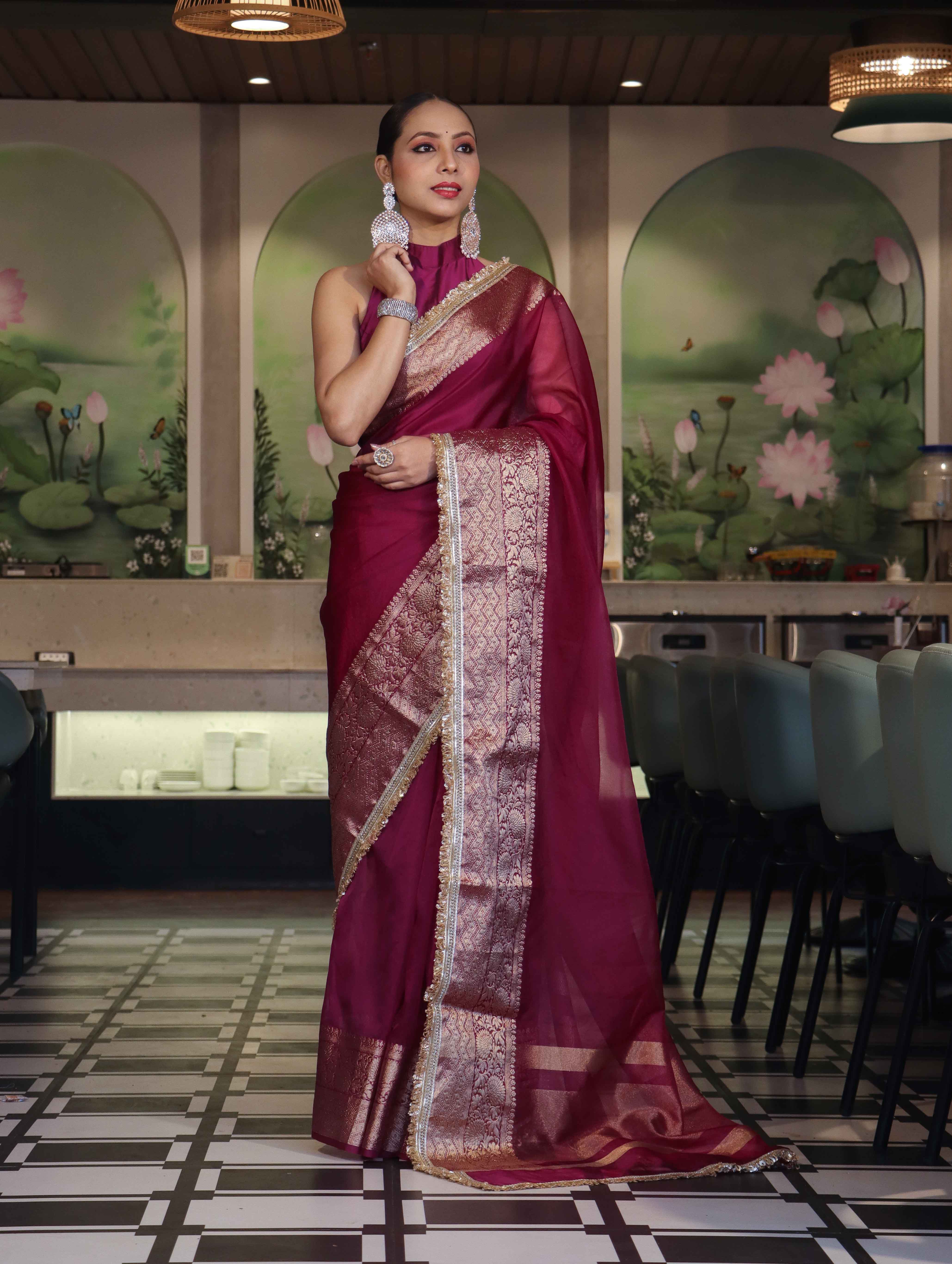 Banarasee Handwoven Plain Tissue Saree With Broad Zari Border & Lace-Dark Magenta