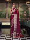 Banarasee Handwoven Plain Tissue Saree With Broad Zari Border & Lace-Dark Magenta