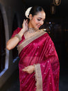 Banarasee Handwoven Tissue Saree With Zari Buti Design & Lace-Magenta