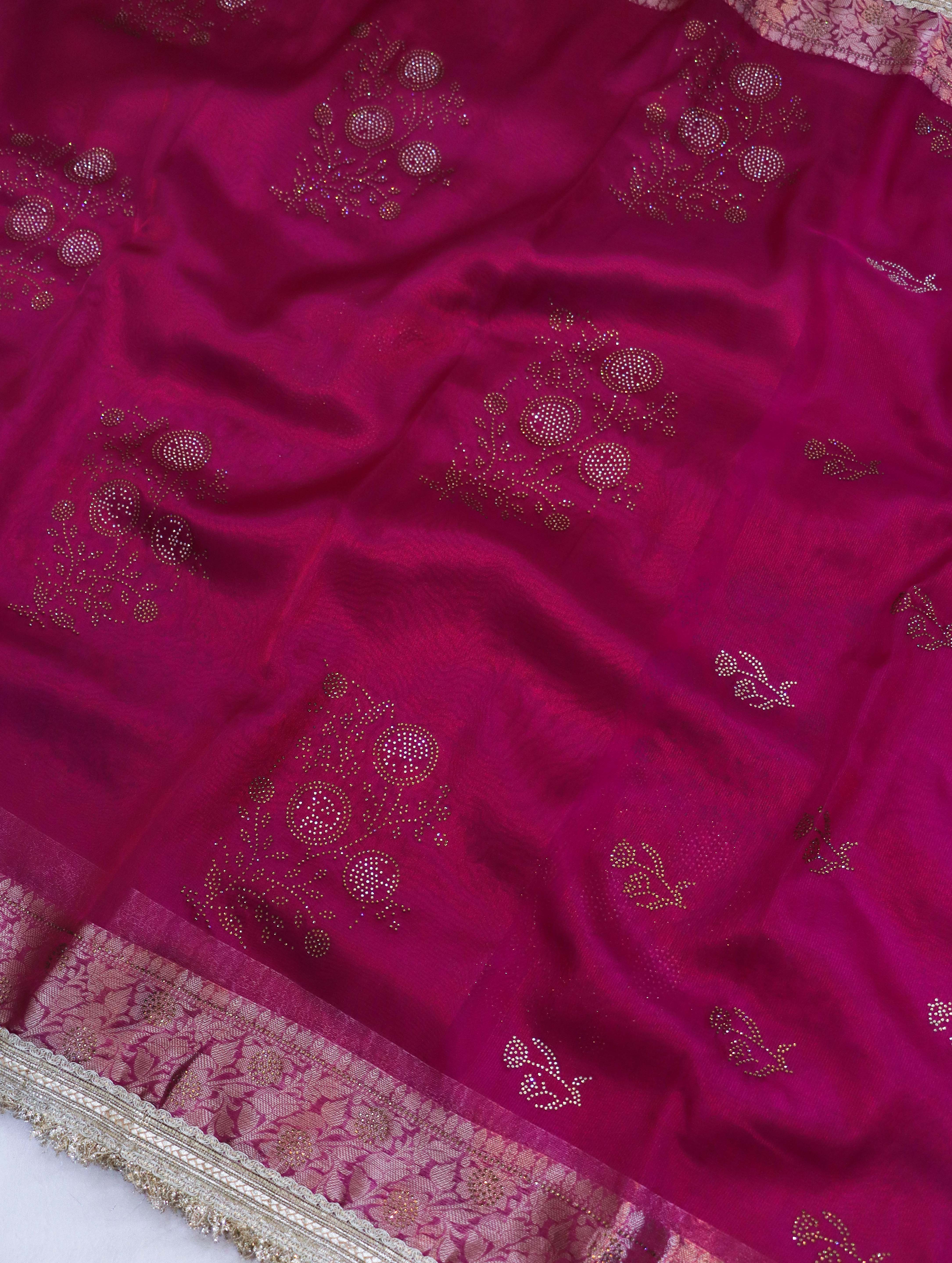 Banarasee Handwoven Tissue Saree With Swarovski Work Zari Border & Lace-Magenta