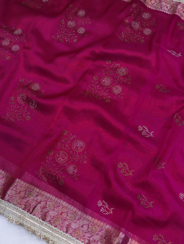 Banarasee Handwoven Tissue Saree With Swarovski Work Zari Border & Lace-Magenta