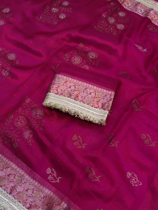 Banarasee Handwoven Tissue Saree With Swarovski Work Zari Border & Lace-Magenta