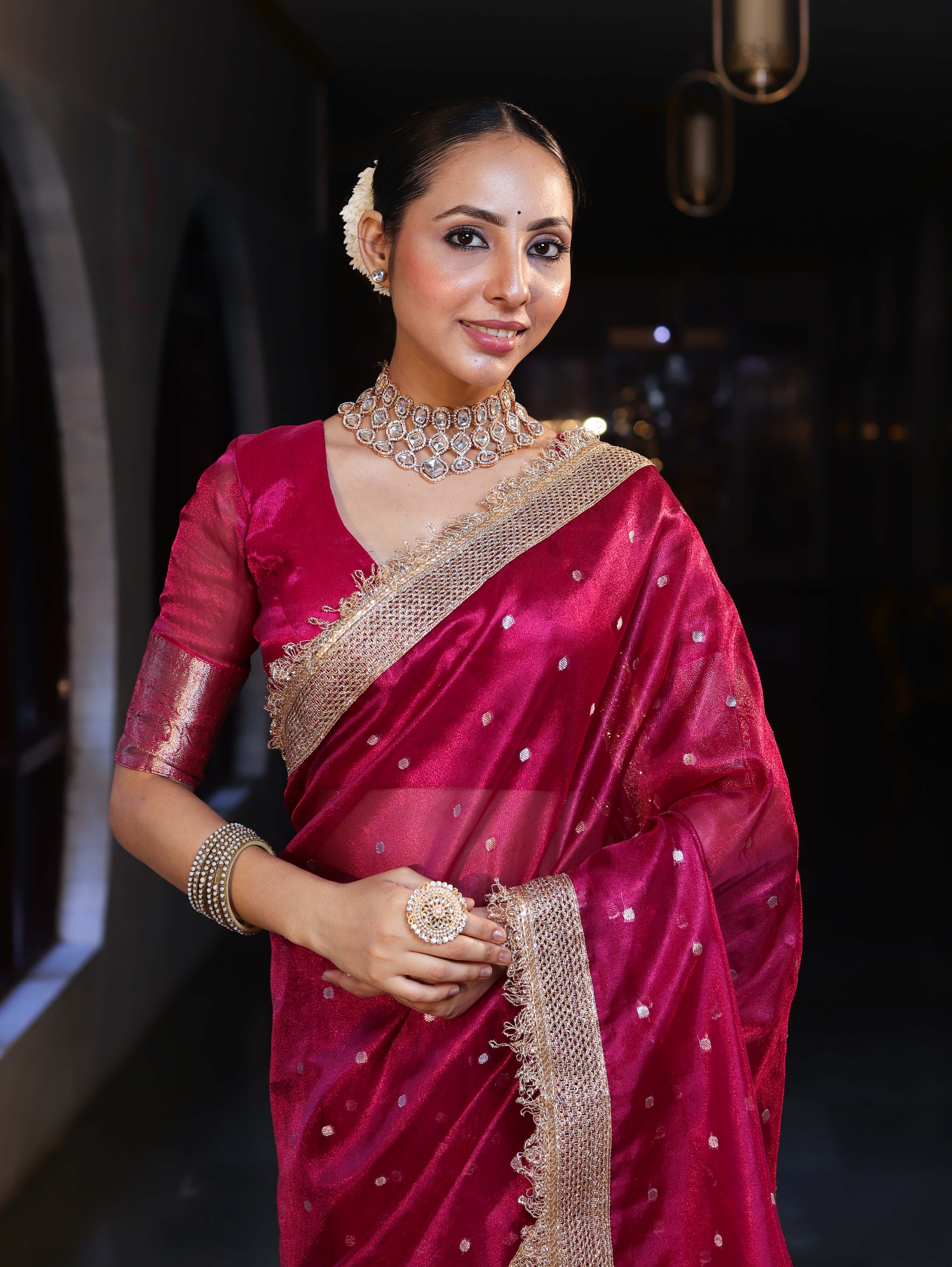 Banarasee Handwoven Tissue Saree With Zari Buti Design & Lace-Magenta
