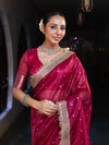 Banarasee Handwoven Tissue Saree With Zari Buti Design & Lace-Magenta