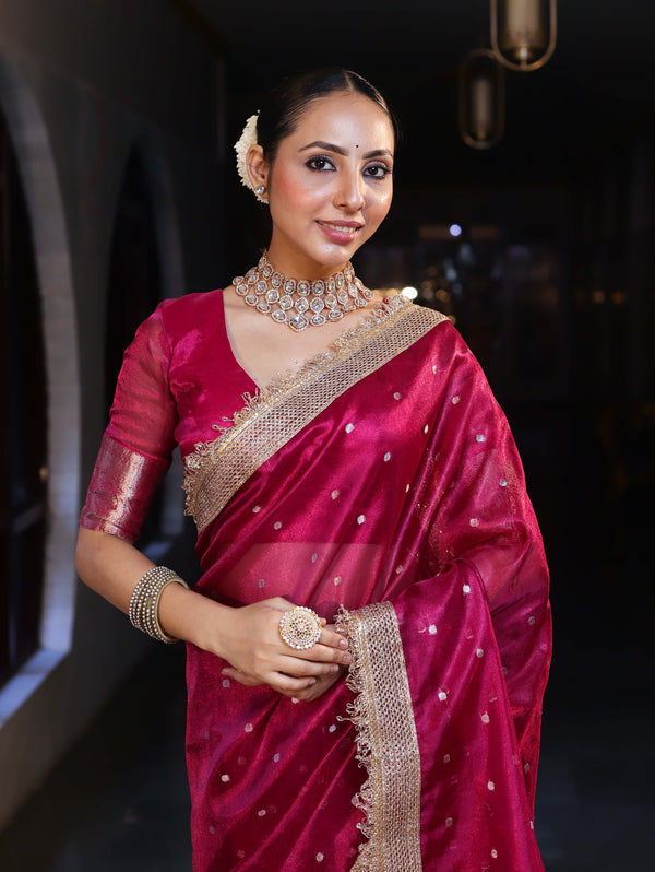 Banarasee Handwoven Tissue Saree With Zari Buti Design & Lace-Magenta