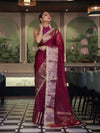 Banarasee Handwoven Plain Tissue Saree With Broad Zari Border & Lace-Dark Magenta