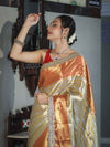 Banarasee Handloom Tissue Saree With Embroidered Ghungroo Contrast Border & Lace-White & Red