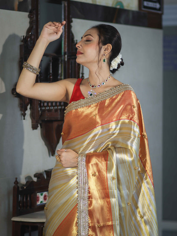 Banarasee Handloom Tissue Saree With Embroidered Ghungroo Contrast Border & Lace-White & Red
