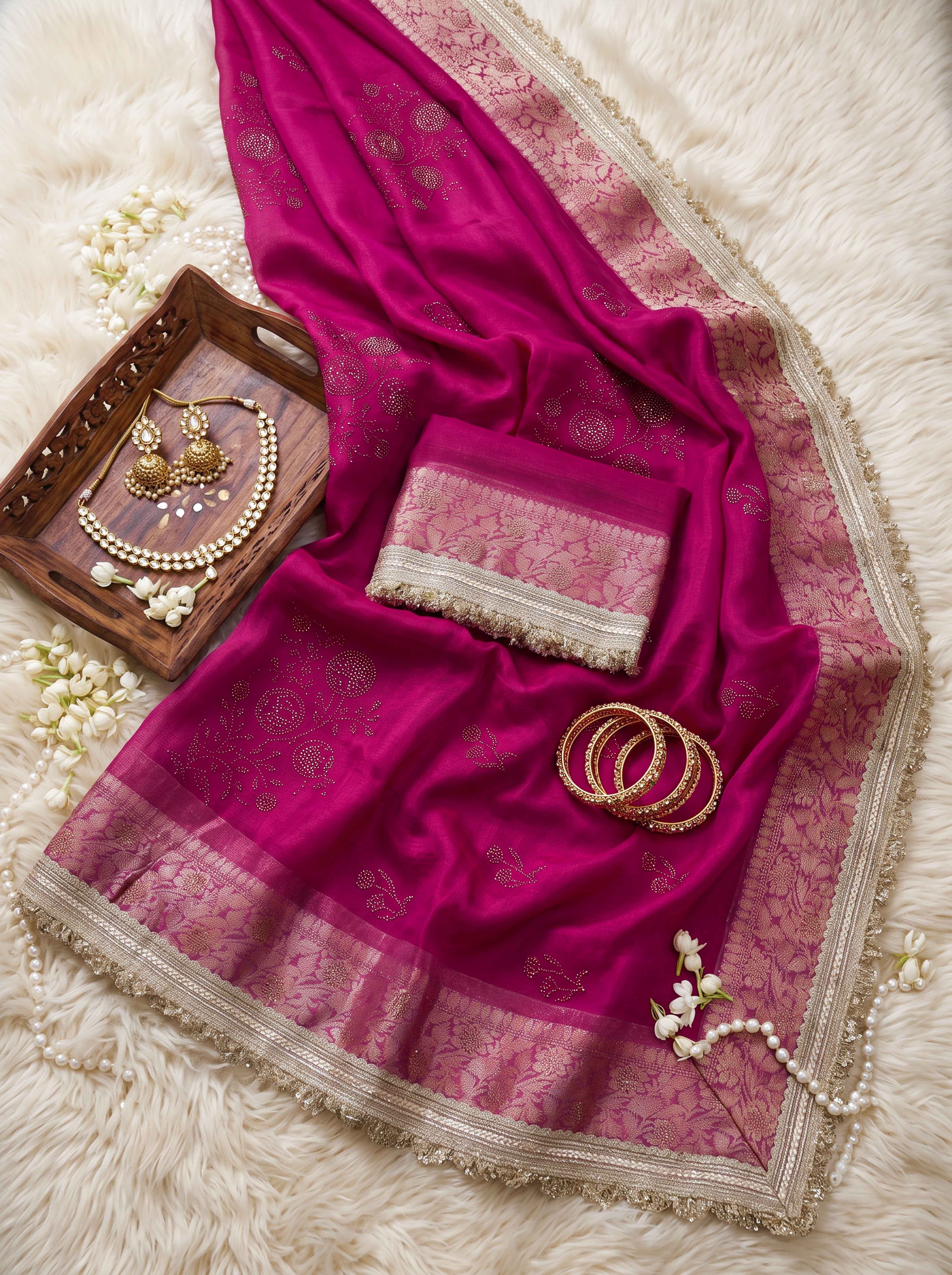 Banarasee Handwoven Tissue Saree With Swarovski Work Zari Border & Lace-Magenta