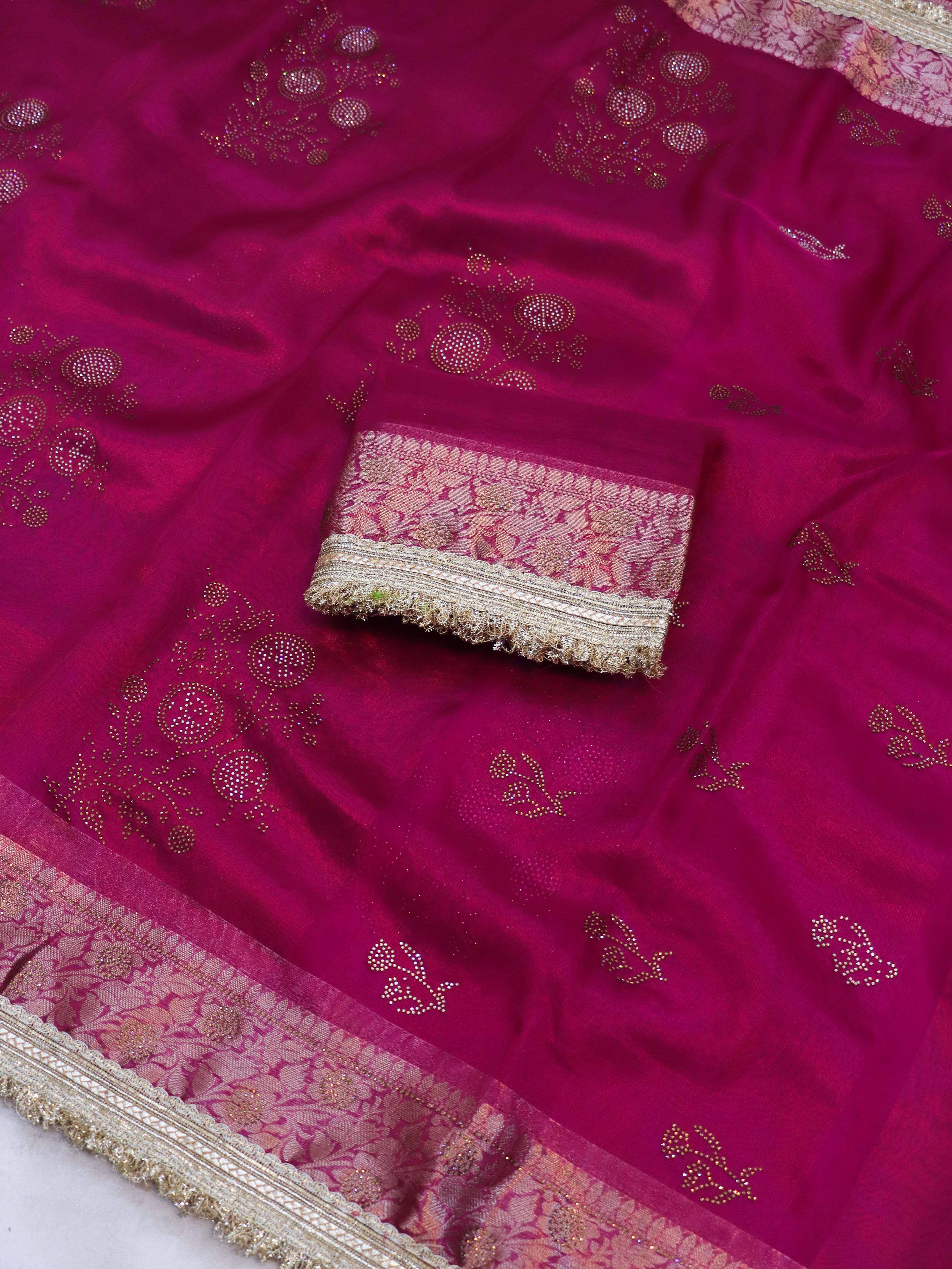 Banarasee Handwoven Tissue Saree With Swarovski Work Zari Border & Lace-Magenta