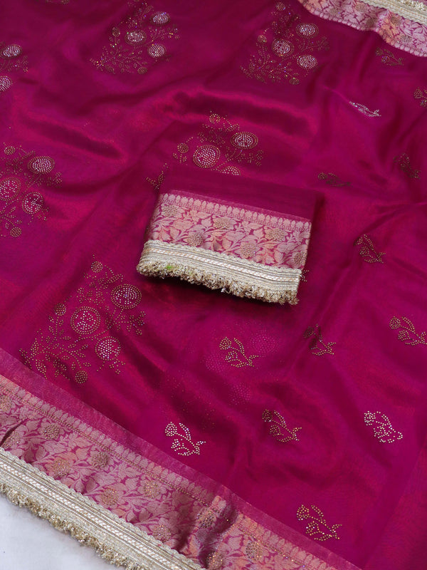 Banarasee Handwoven Tissue Saree With Swarovski Work Zari Border & Lace-Magenta
