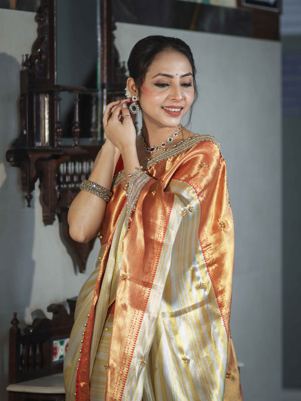 Banarasee Handloom Tissue Saree With Embroidered Ghungroo Contrast Border & Lace-White & Red
