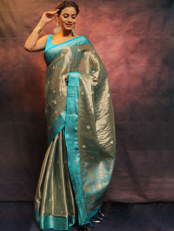 Banarasee Contrast Border Buta Design Tissue Saree-Grey & Blue