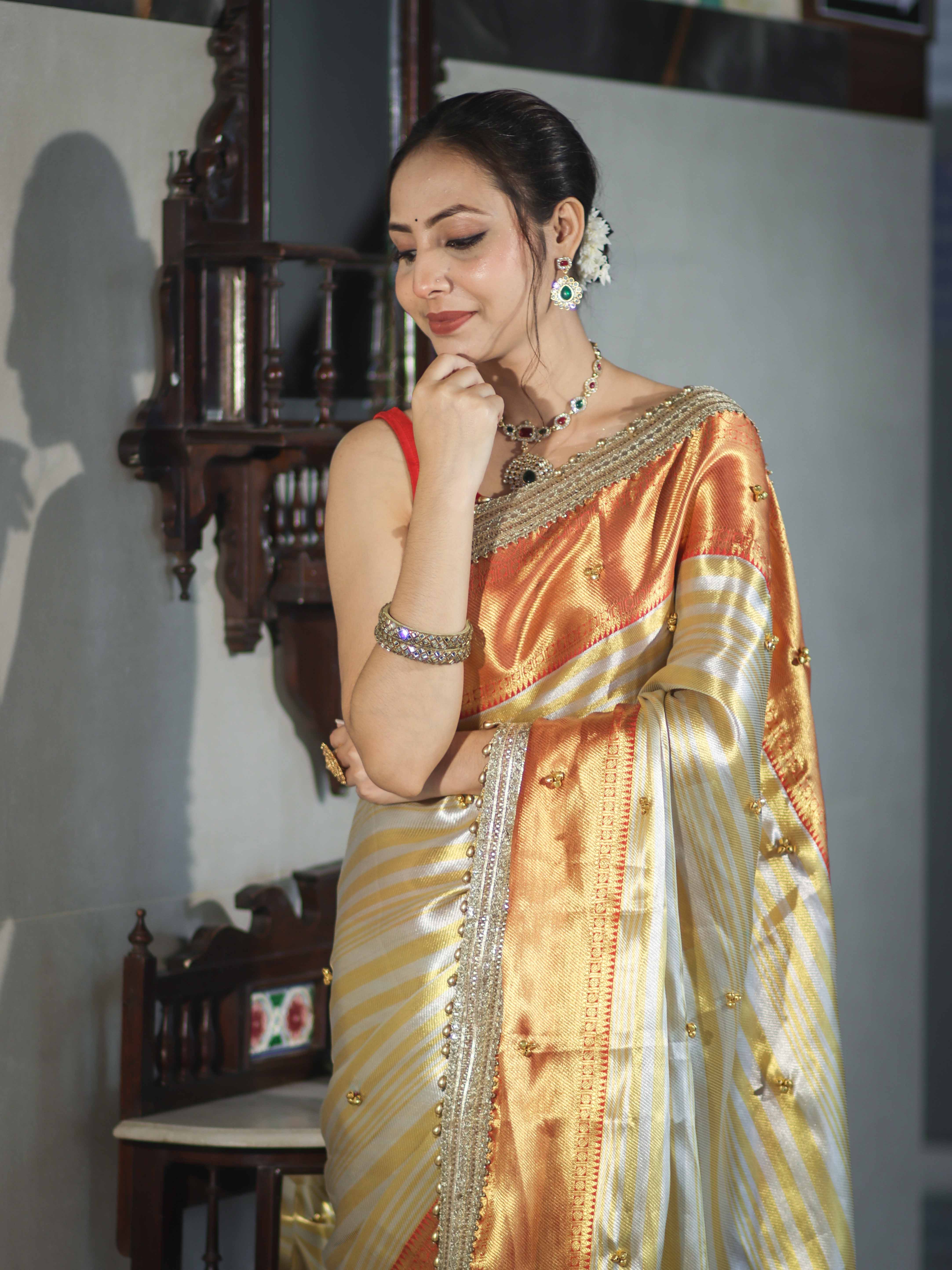 Banarasee Handloom Tissue Saree With Embroidered Ghungroo Contrast Border & Lace-White & Red