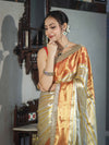 Banarasee Handloom Tissue Saree With Embroidered Ghungroo Contrast Border & Lace-White & Red