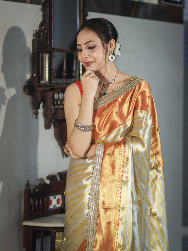 Banarasee Handloom Tissue Saree With Embroidered Ghungroo Contrast Border & Lace-White & Red