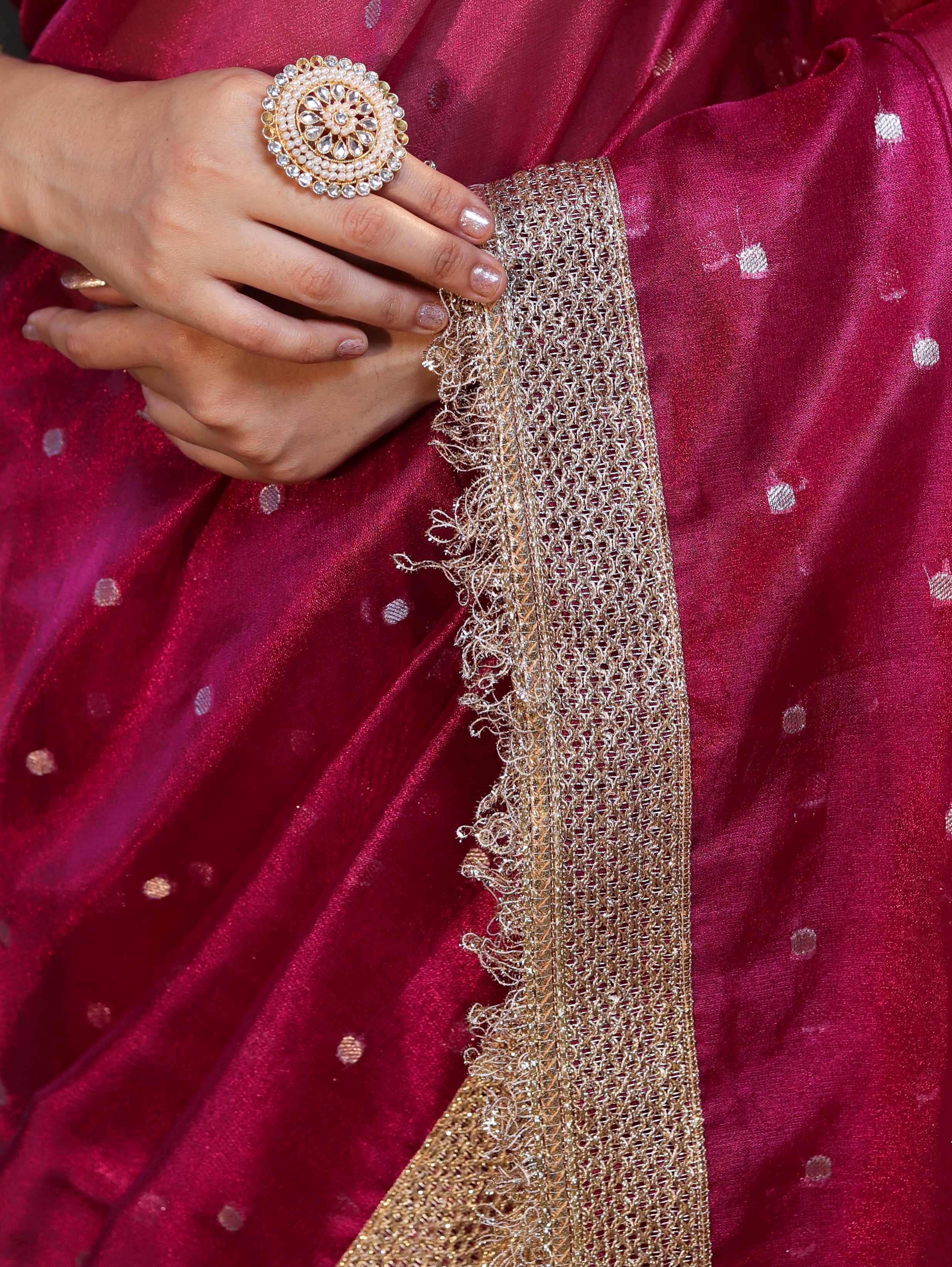 Banarasee Handwoven Tissue Saree With Zari Buti Design & Lace-Magenta