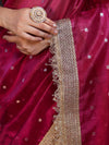 Banarasee Handwoven Tissue Saree With Zari Buti Design & Lace-Magenta