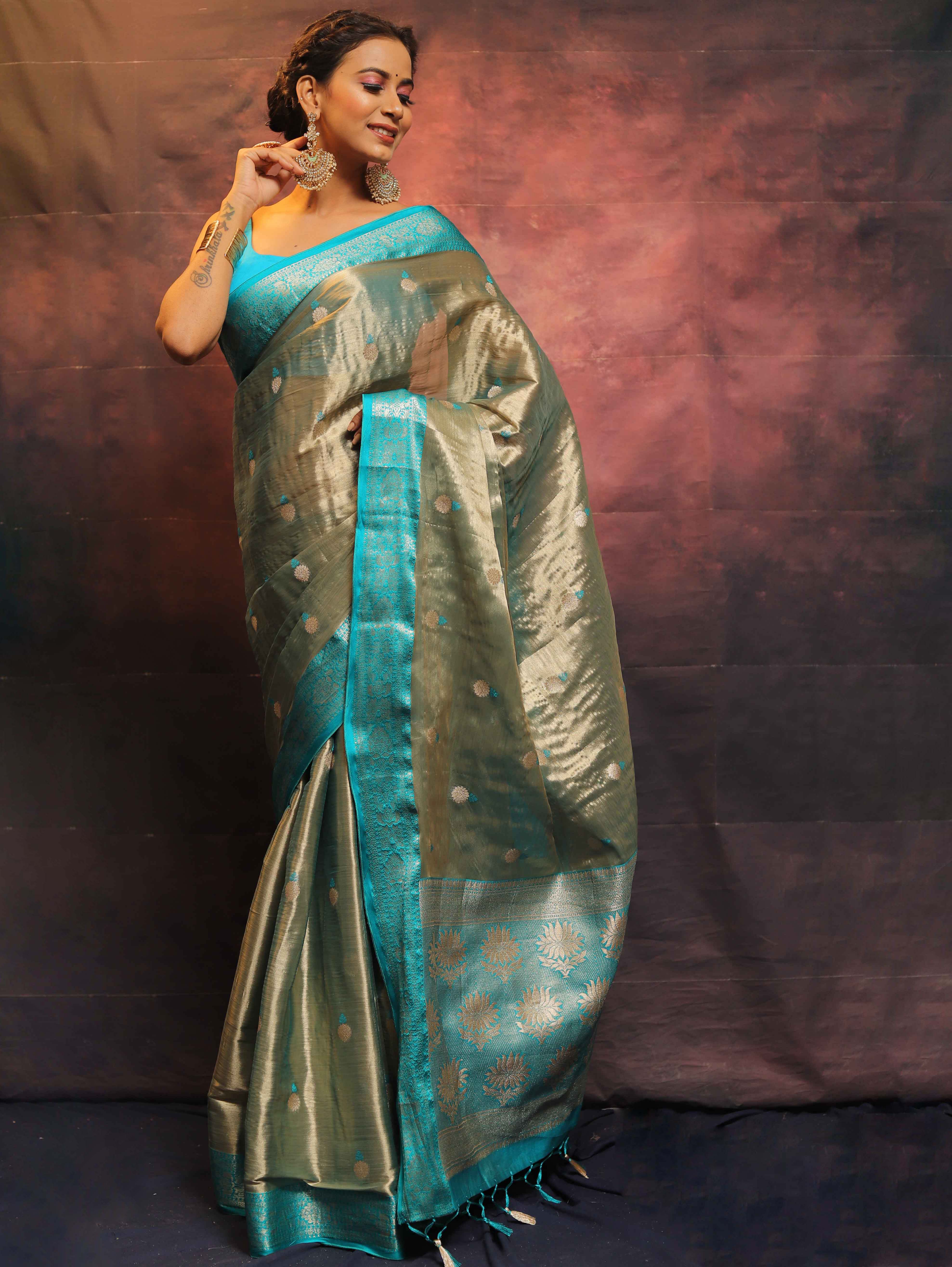 Banarasee Contrast Border Buta Design Tissue Saree-Grey & Blue