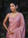 Banarasee Handwoven Shimmer Silk Saree With Handwoven Aari Motifs-Onion Pink