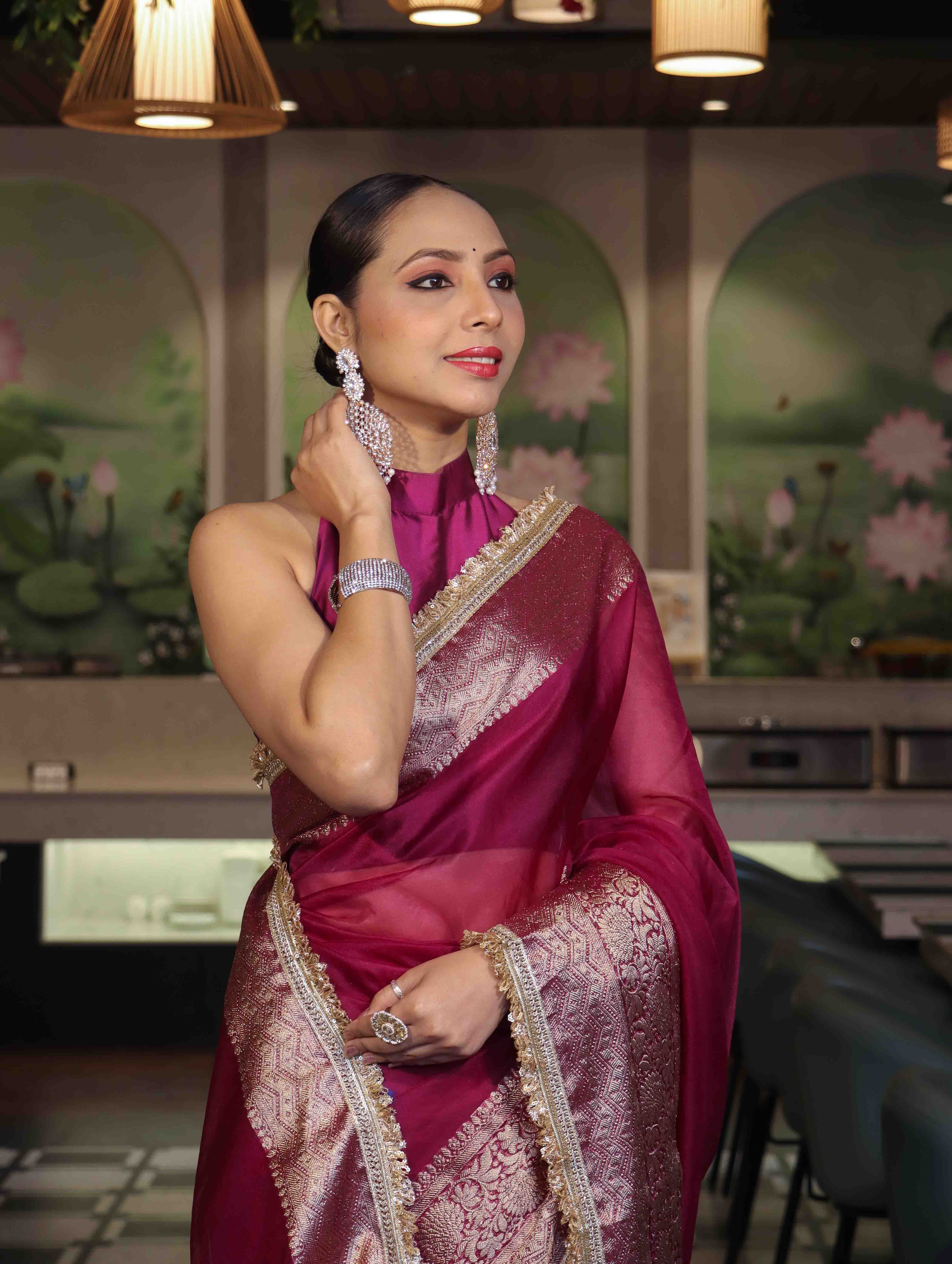 Banarasee Handwoven Plain Tissue Saree With Broad Zari Border & Lace-Dark Magenta