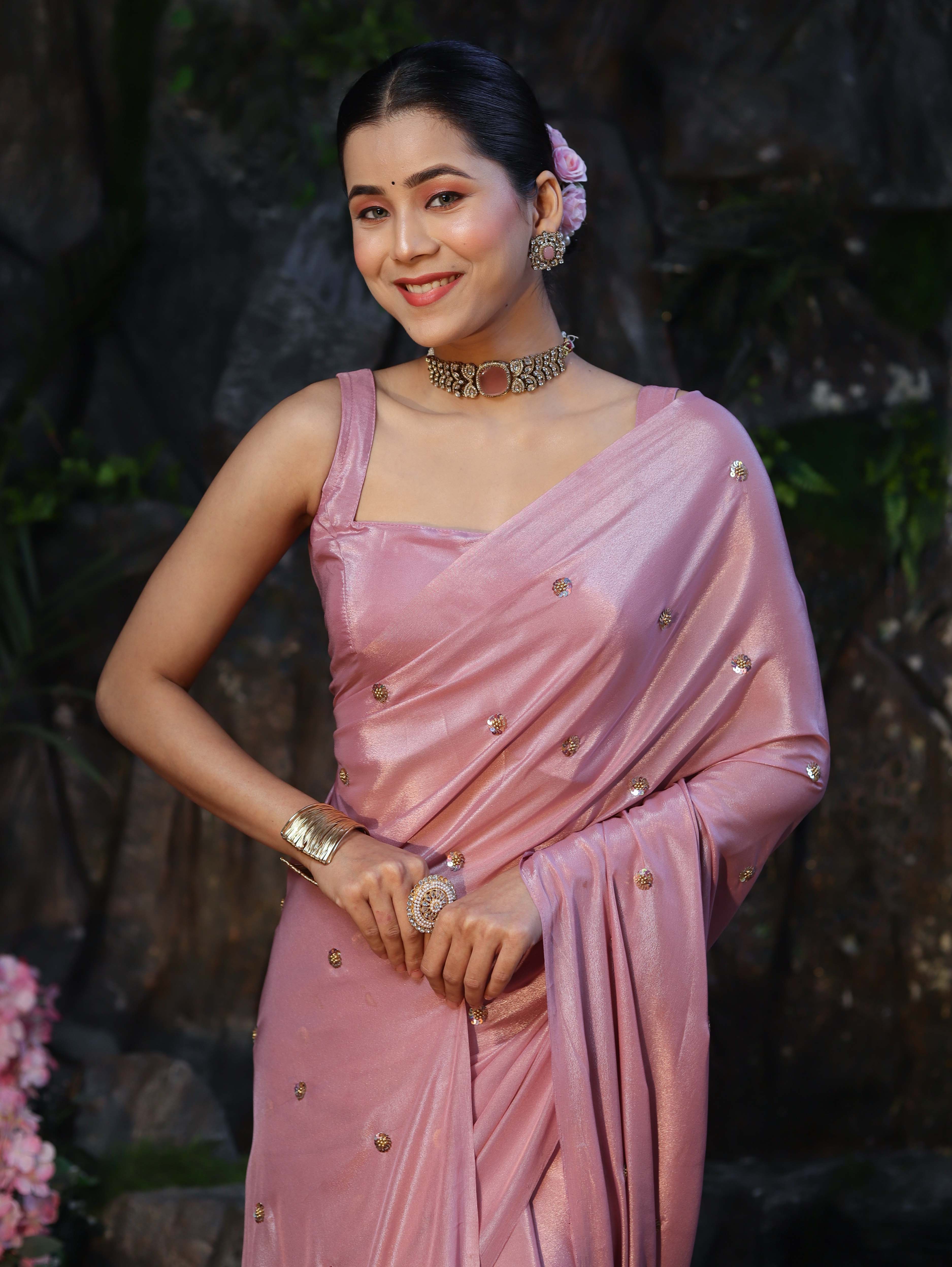 Banarasee Handwoven Shimmer Silk Saree With Handwoven Aari Motifs-Onion Pink