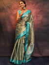 Banarasee Contrast Border Buta Design Tissue Saree-Grey & Blue