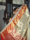 Banarasee Handloom Tissue Saree With Embroidered Ghungroo Contrast Border & Lace-White & Red