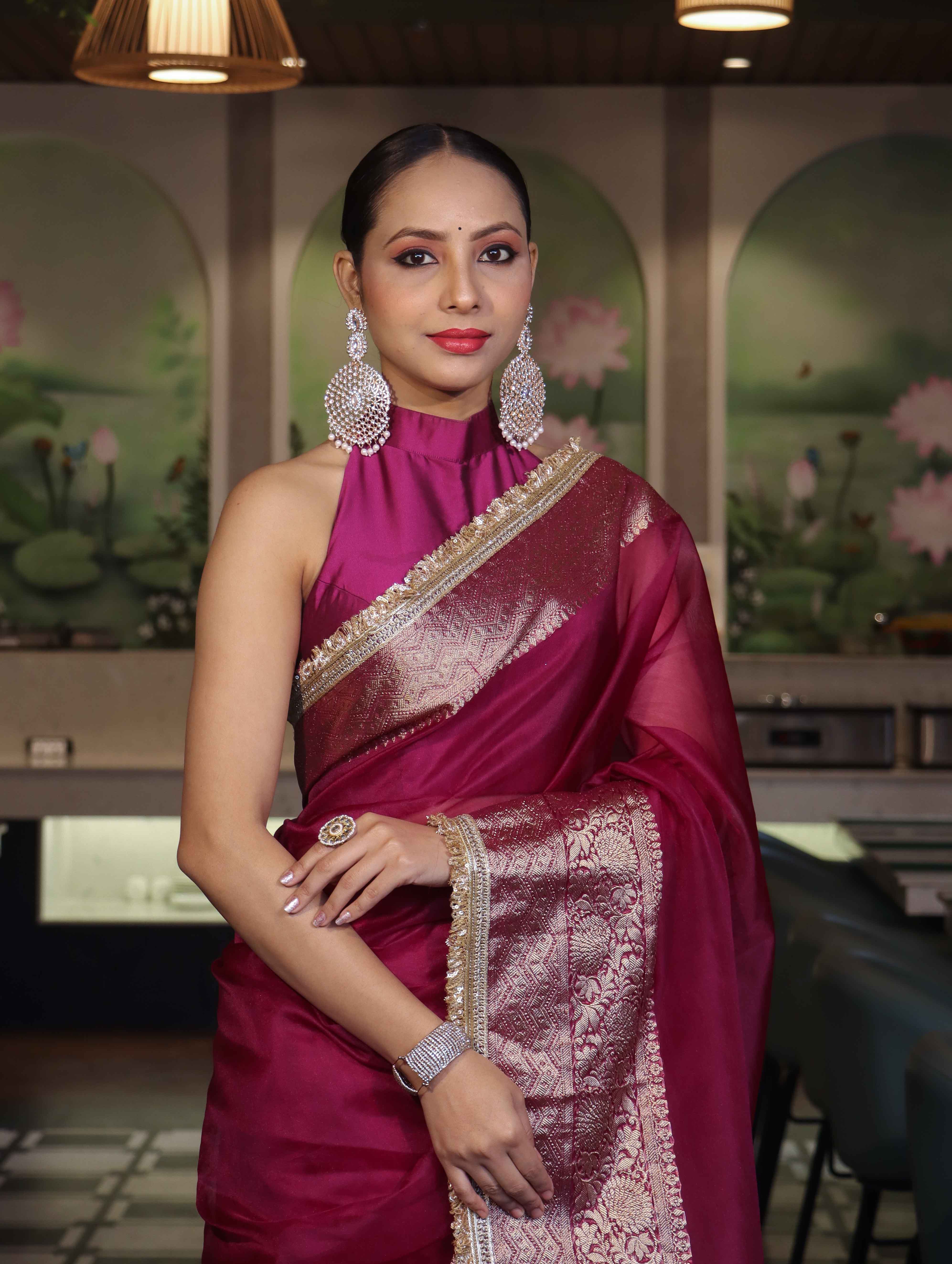 Banarasee Handwoven Plain Tissue Saree With Broad Zari Border & Lace-Dark Magenta