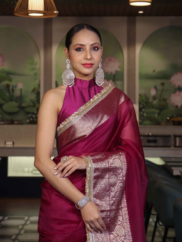 Banarasee Handwoven Plain Tissue Saree With Broad Zari Border & Lace-Dark Magenta