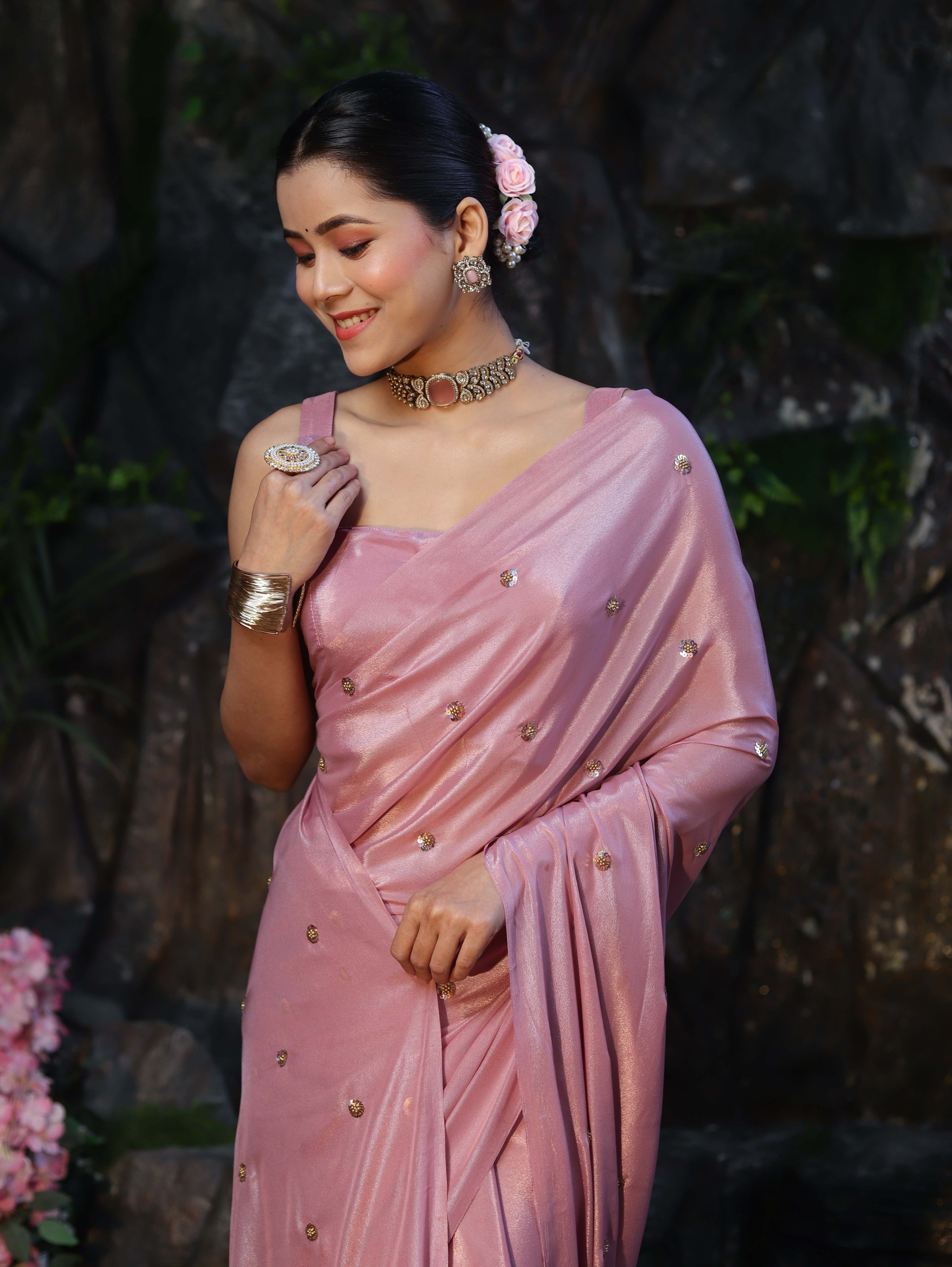 Banarasee Handwoven Shimmer Silk Saree With Handwoven Aari Motifs-Onion Pink