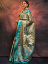 Banarasee Contrast Border Buta Design Tissue Saree-Grey & Blue
