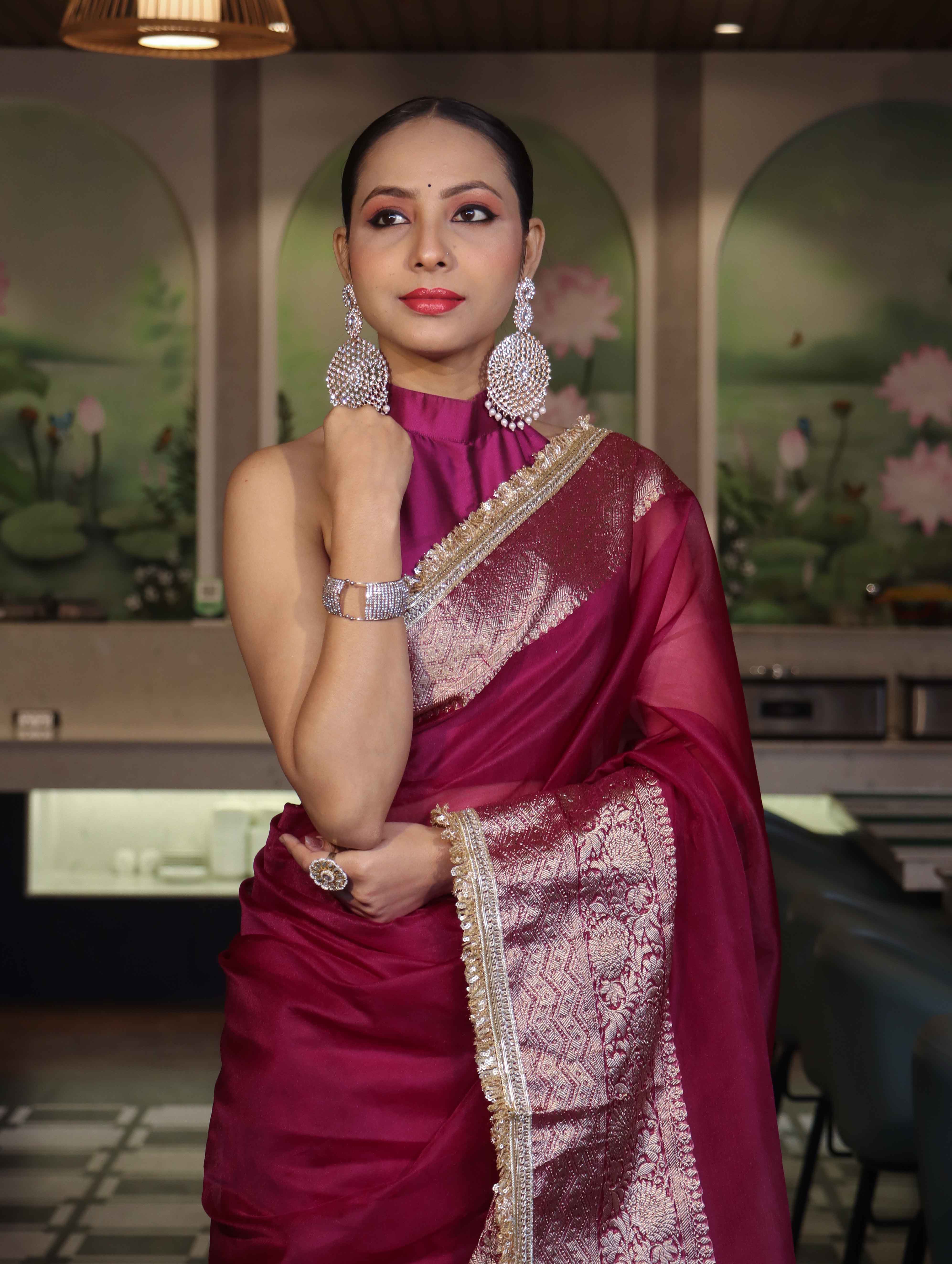 Banarasee Handwoven Plain Tissue Saree With Broad Zari Border & Lace-Dark Magenta