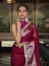 Banarasee Handwoven Plain Tissue Saree With Broad Zari Border & Lace-Dark Magenta
