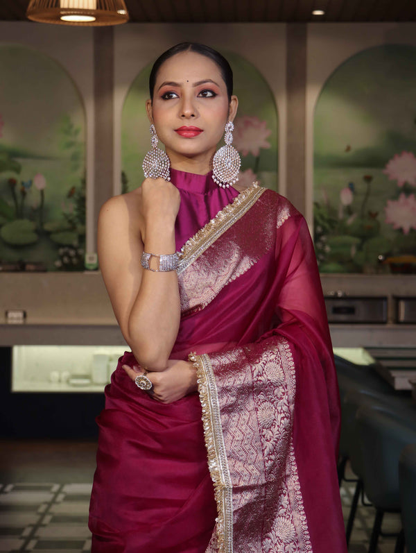 Banarasee Handwoven Plain Tissue Saree With Broad Zari Border & Lace-Dark Magenta