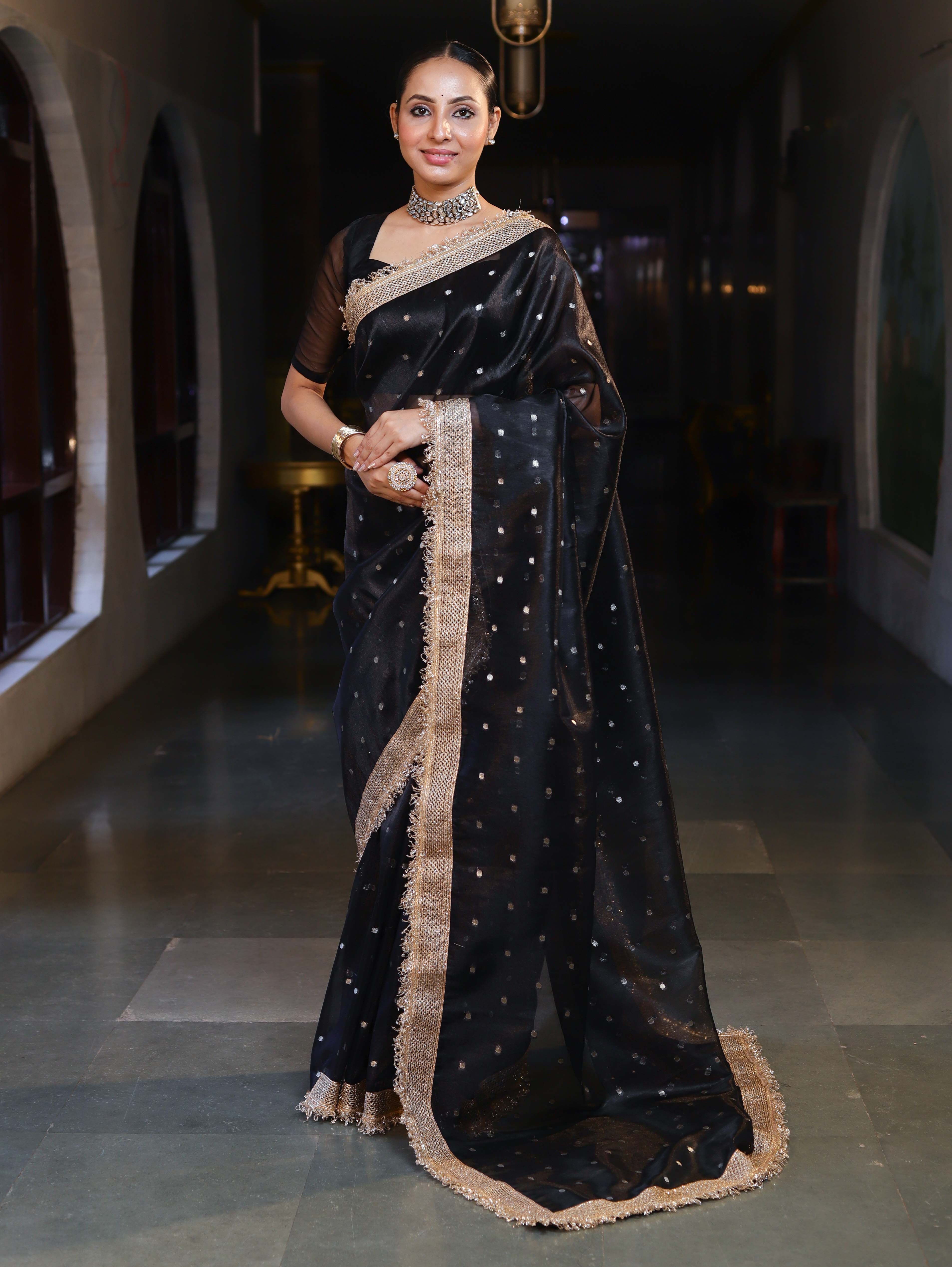 Banarasee Handwoven Tissue Saree With Zari Buti Design & Lace-Black