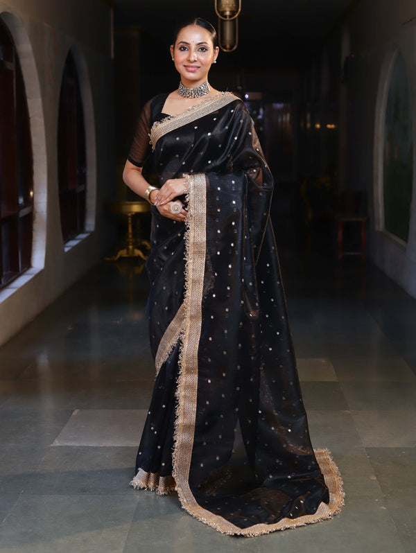 Banarasee Handwoven Tissue Saree With Zari Buti Design & Lace-Black