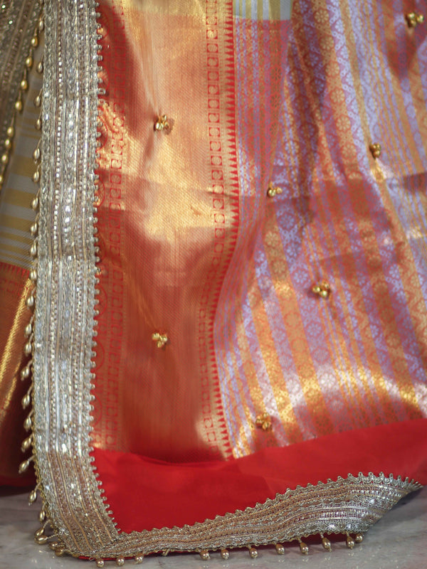 Banarasee Handloom Tissue Saree With Embroidered Ghungroo Contrast Border & Lace-White & Red