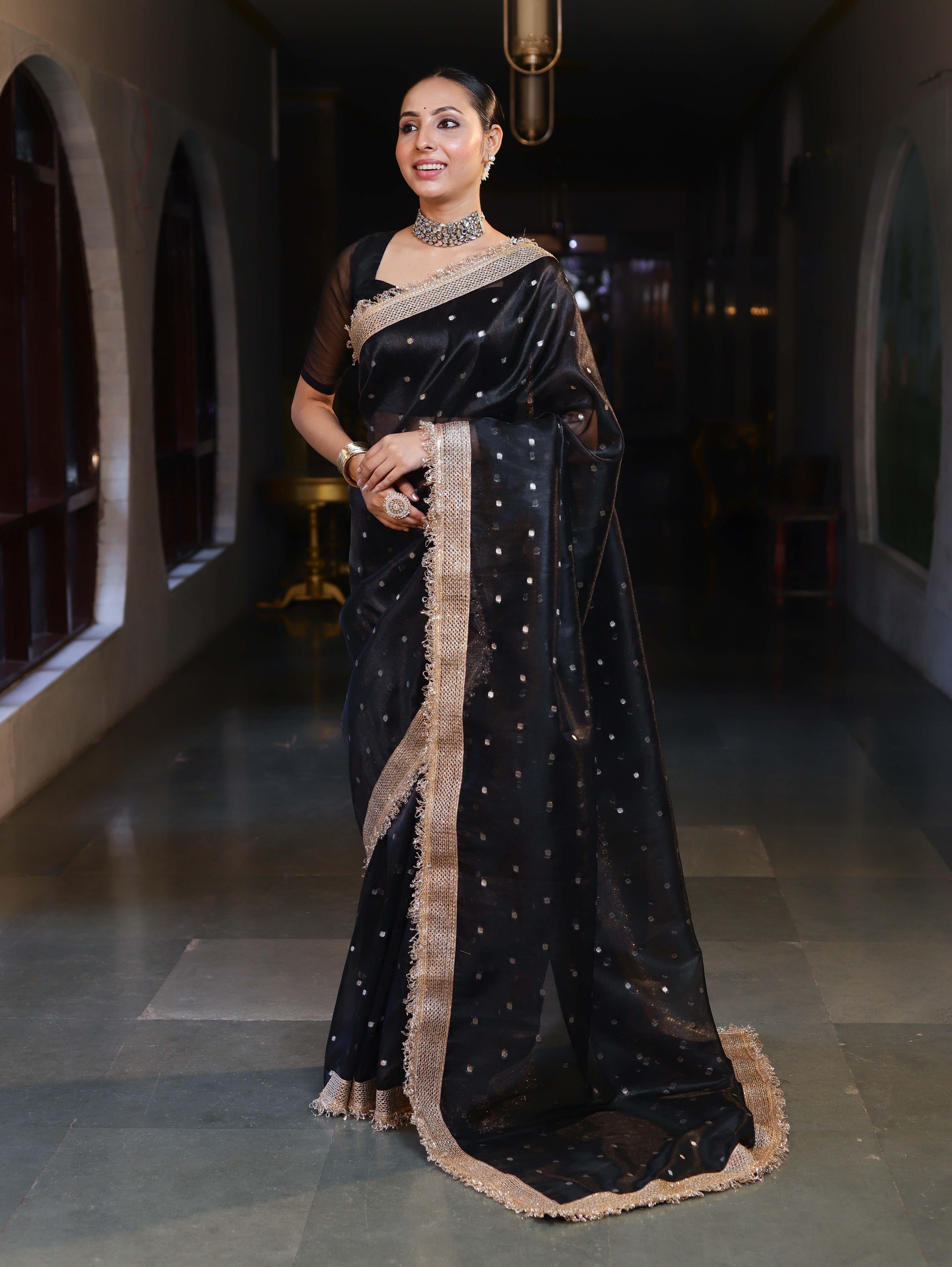 Banarasee Handwoven Tissue Saree With Zari Buti Design & Lace-Black