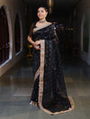 Banarasee Handwoven Tissue Saree With Zari Buti Design & Lace-Black