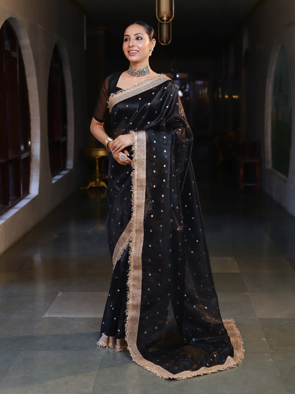 Banarasee Handwoven Tissue Saree With Zari Buti Design & Lace-Black