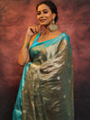 Banarasee Contrast Border Buta Design Tissue Saree-Grey & Blue
